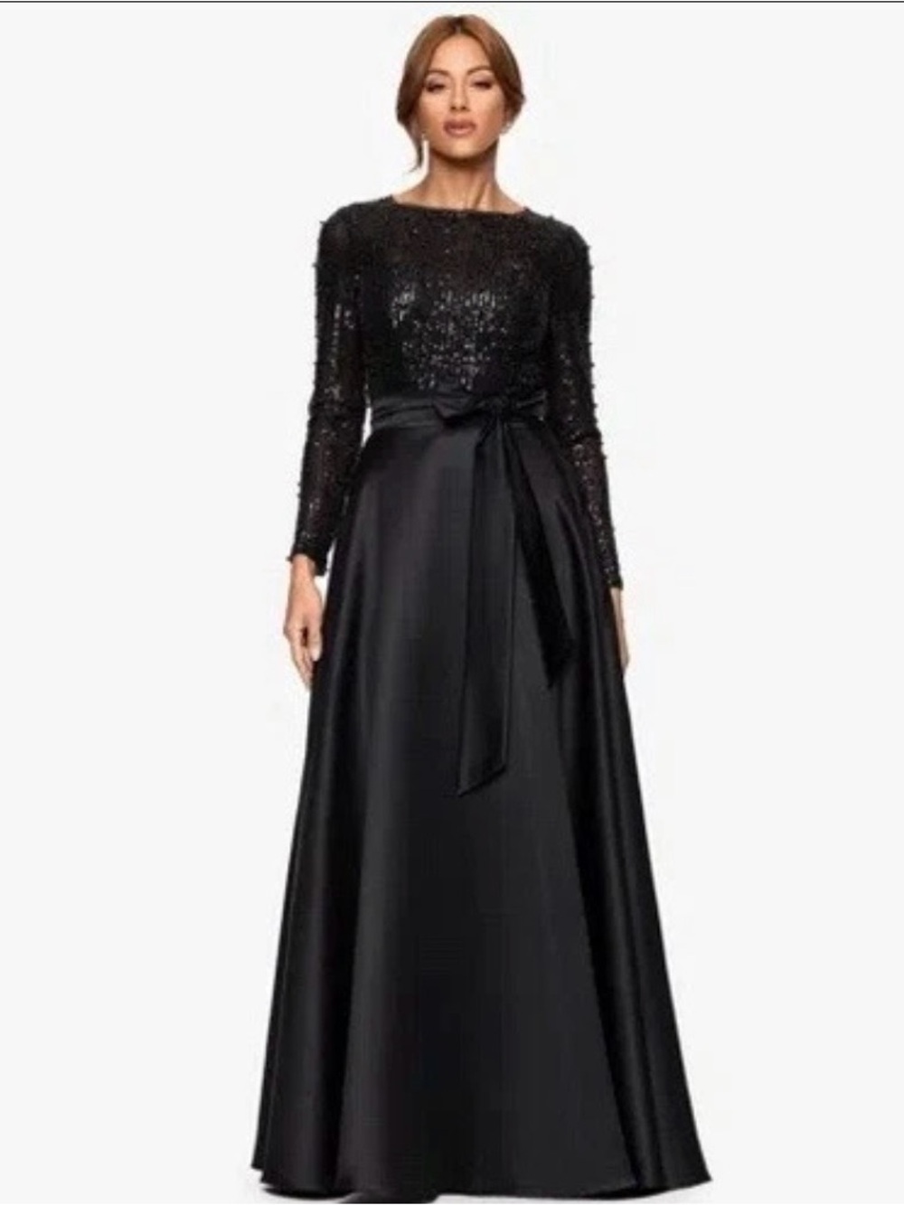 Xscape Black Sequin Bodice Satin A-Line Formal Dress - Picture 3 of 5